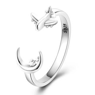 Airplane Moon Star Silver Ring