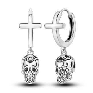 Crystal Skull Cross Silver Hoop Earrings