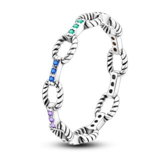Rainbow Crystal Link Chain Silver Ring