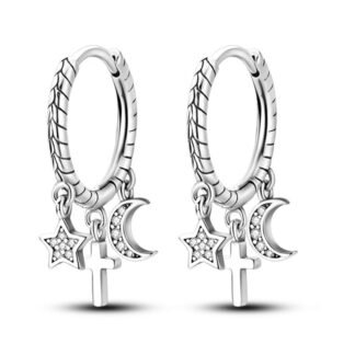 Crystal Moon Star Silver Hoop Earrings