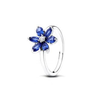 Blue Crystal Flower Silver Ring