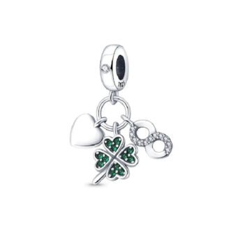 Emerald Green Luck Clover Silver Heart and Infinity Charm