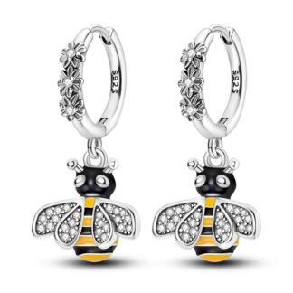 Bee Flower Silver Hoop Earrings