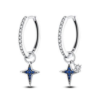 Blue Crystal Star Silver Hoop Earrings