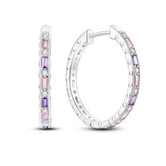 Pink Purple Crystal Silver Hoop Earrings