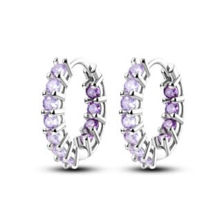 Purple Crystal Silver Hoop Earrings