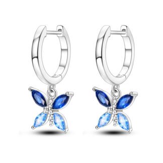 Blue Crystal Butterfly Silver Hoop Earrings