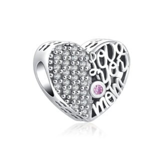Love You Mom Glitzy Heart Pink Gem Charm