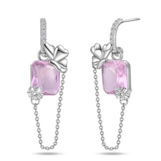 Pink Crystal Lucky Clover Silver Stud Earrings