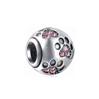 Silver Pink Gems Paws Animal Print Bead Charm
