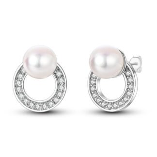 Round Charm Pearl Silver Stud Earrings