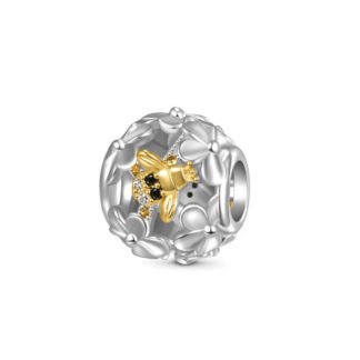Silver Golden Bee on Flowers Bead Charm