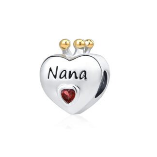 Crowned Silver Heart 'Nana' Red Heart Gem Charm