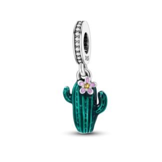 Dark Green Small Cactus Pink Flower Charm