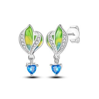 Green Leaf Heart Silver Stud Earrings