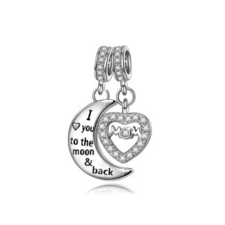 Silver Mom Love Moon Crescent and Heart Charm