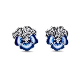 Blue Pansy Flower Silver Stud Earrings