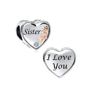 Silver Heart Rose Gold Flower Sister Charm