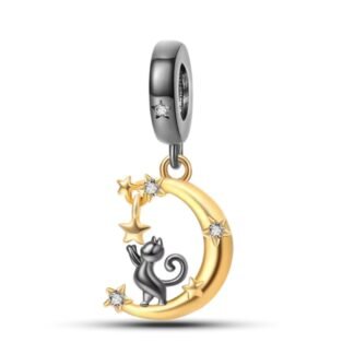 Golden Crescent Moon Black Cat Stars Charm