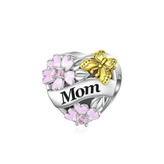 Silver Heart Mom Pink Cherry Blossoms Golden Butterfly Charm