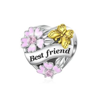 Silver Heart Best Friend Pink Cherry Blossoms Golden Butterfly Charm