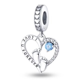 Silver Heart Baby Feet Love Blue Gem Charm