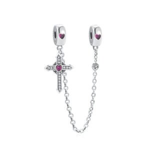 Silver Cross Violet Heart Gems Chain Charm
