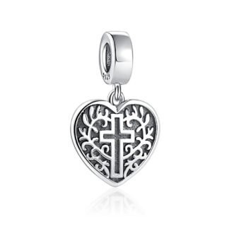 Silver Heart Cross Vines Charm