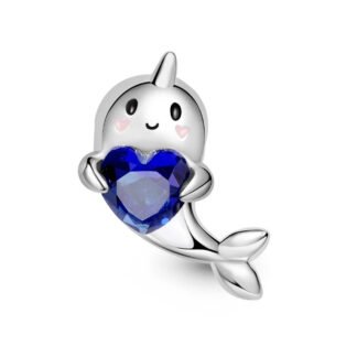 Cute Silver Narwhal Holding Blue Gem Charm
