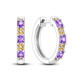 Purple Crystal Silver Hoop Earrings