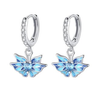 Blue Crystal Butterfly Silver Hoop Earrings