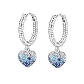 Blue Crystal Heart Silver Hoop Earrings