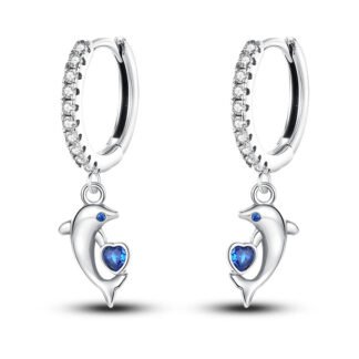Blue Crystal Heart Dolphin Silver Hoop Earrings