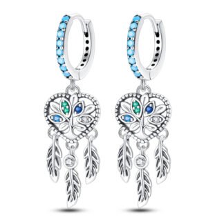 Blue Crystal Dreamcatcher Silver Hoop Earrings
