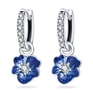 Blue Pansy Flower Silver Hoop Earrings