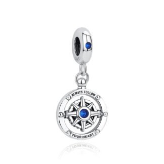 Silver Compass Rose Blue Gem Charm