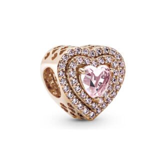 Gold Rose Detailed Elegant Glistening Heart Pink Gem Charm