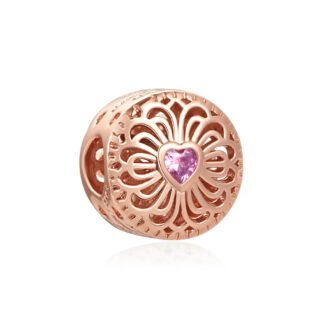 Gold Rose Detailed Flower Grille Pink Heart Gem Charm