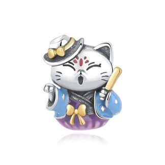 Silver Japanese Cat Friendly Hat Charm