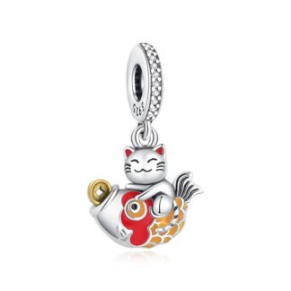 Japanese Silver Cat Riding on Carp Fish and Gold Coin Charm