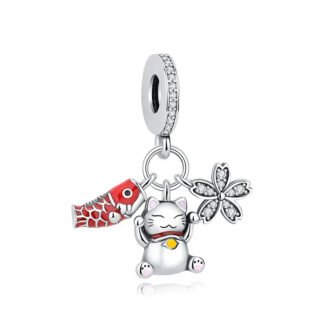 Silver Japanese Cat Festive Koi Sakura Charm
