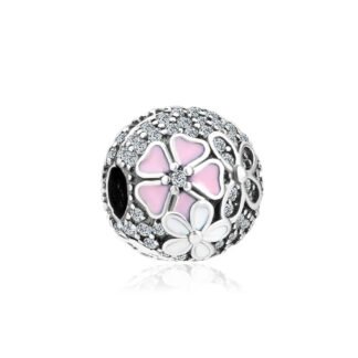 Silver Pink White Flowers Bead Charm