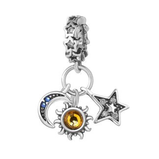 Silver Ornate Astrological Sun Blue Crescent Moon Star Charm