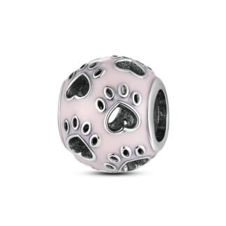 Silver Pink Black Pet Paws Prints Bead Charm