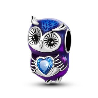 Silver Purple Blue Midnight Owl Blue Heart Gem Charm