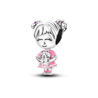 Pink Dress Girl Holding Kitty Cat Charm