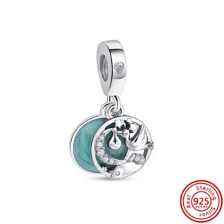 Teal Circle Silver Stork Baby Blessing Crescent Moon Charm