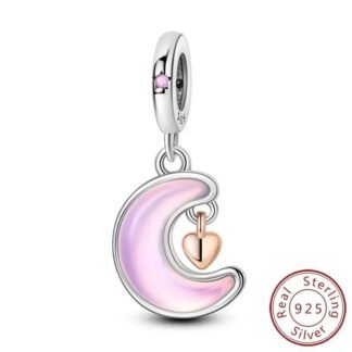 Glossy Pink Bean Crescent Moon Gold Heart Charm