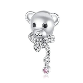 Big Silver Teddy Bear Head Sparkly Bow Charm