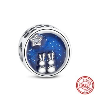 Two Bunnies Rabbits Stargazing Blue Night Sky Charm